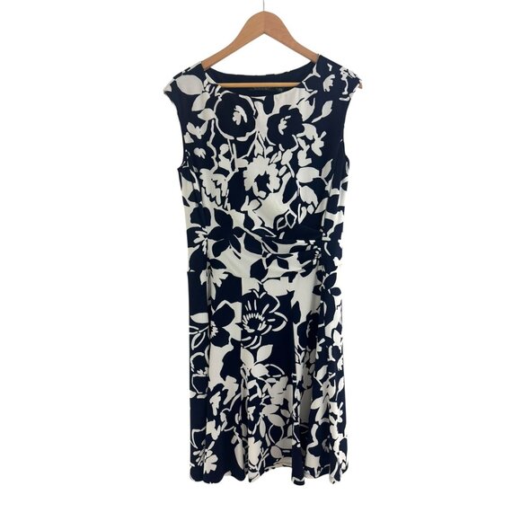Ralph Lauren Navy Blue White Floral Ruched Sleeveless Jersey Dress Size 12 - Picture 6 of 6
